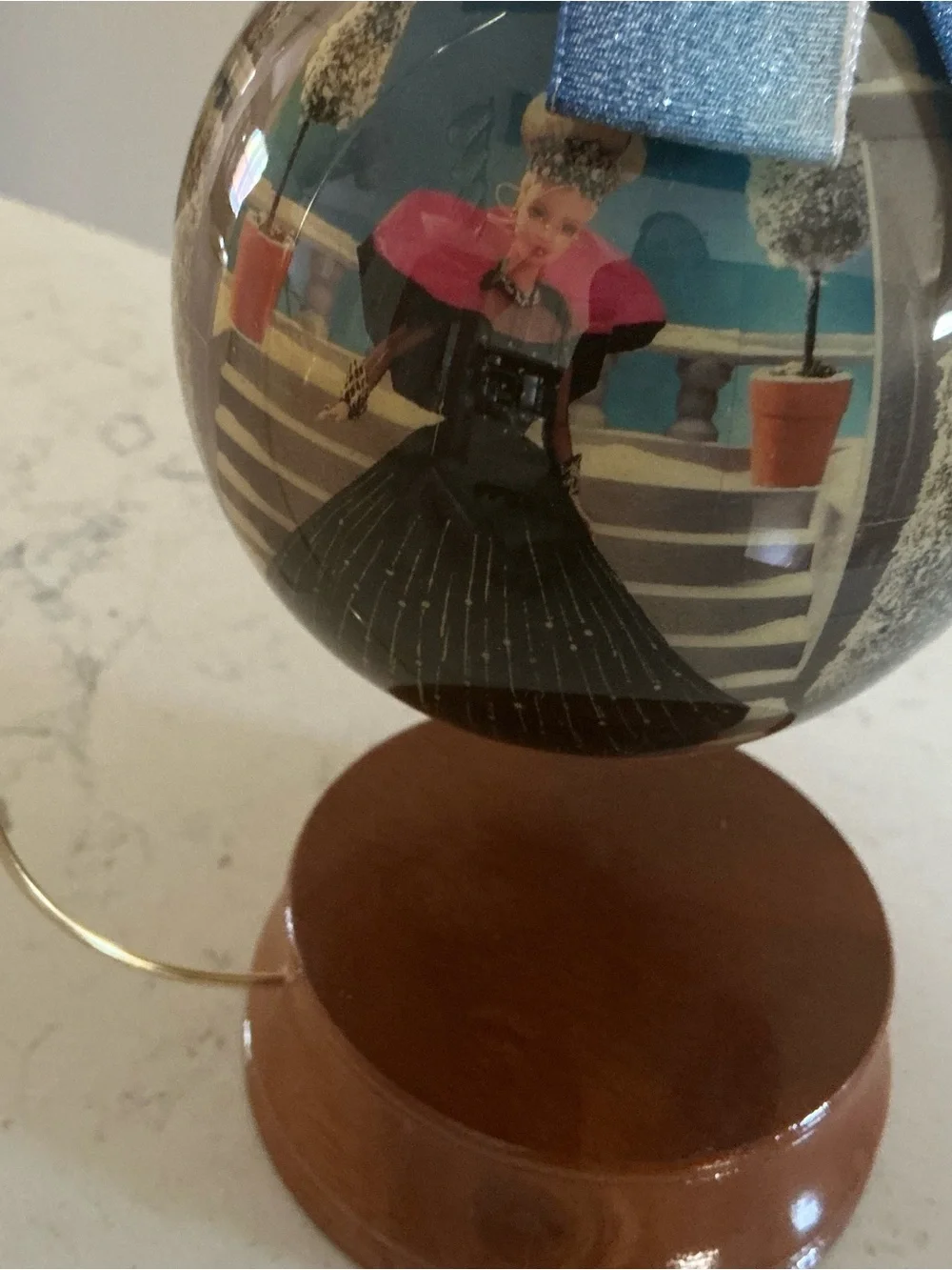 Vintage 1998 Barbie holiday Christmas decoupage ornament 4” globe wooden stand